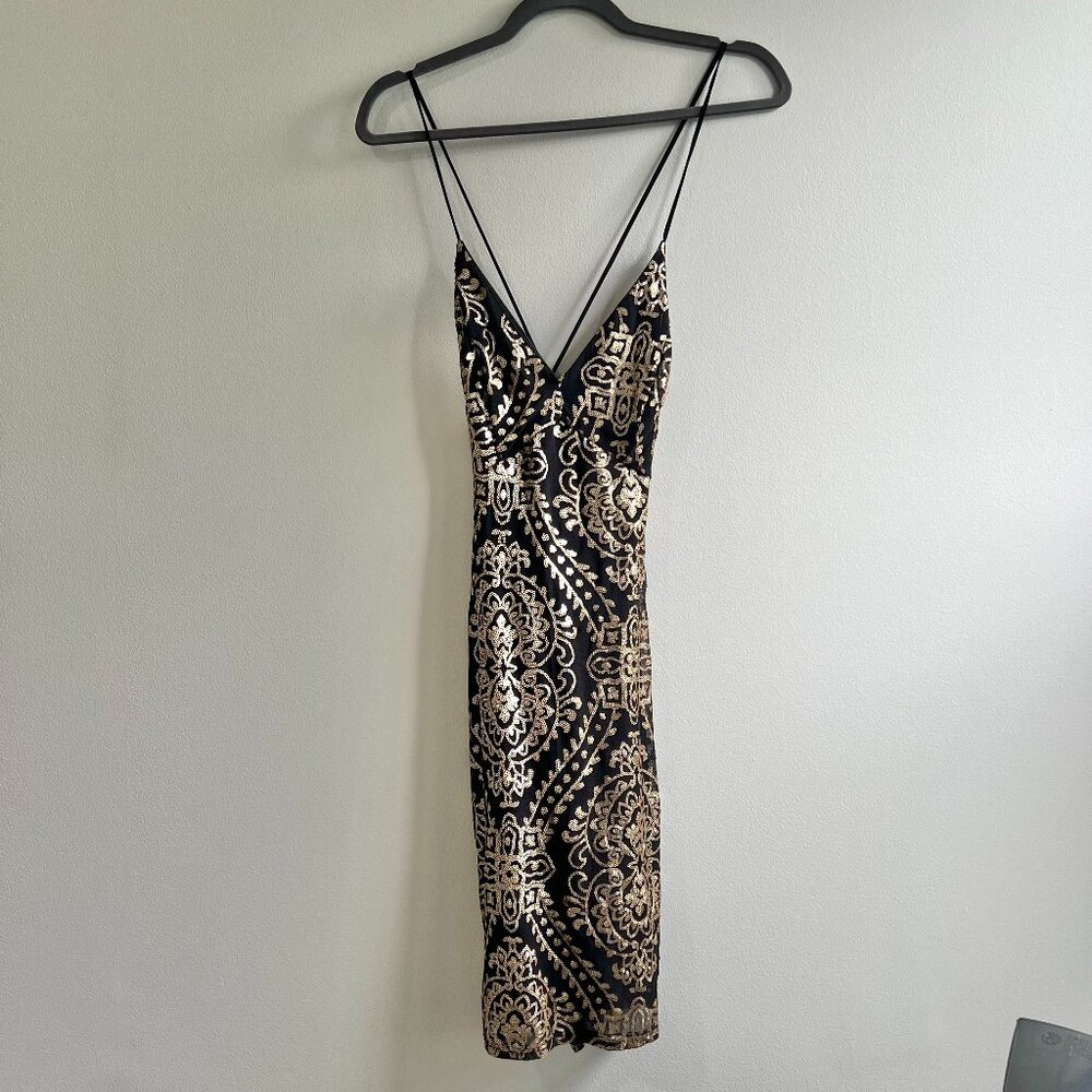 Black and gold sequin strappy mini dress